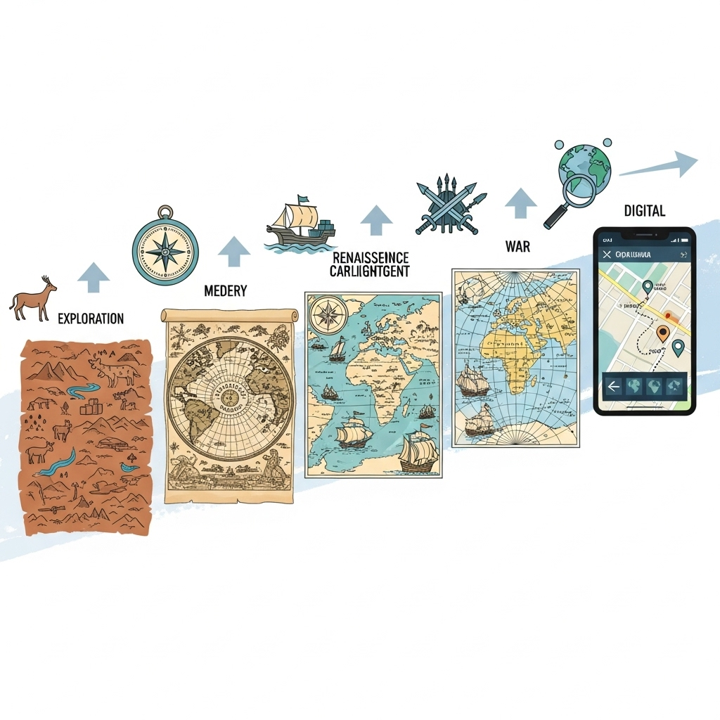 An infographic style illustration showing the evolution of maps from ancient cave drawings to modern digital maps, with icons representing exploration, trade, war, and scientific discovery. Emphasize the progression and impact on human civilization. Style: clean infographic. No text.