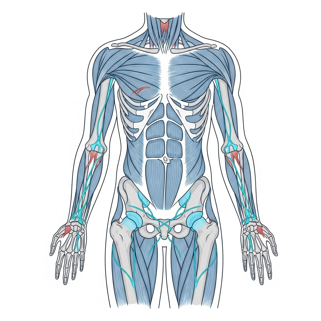 A clean infographic illustrating the complex connection of bones, ligaments, cartilage, and muscles in a simplified human body structure. Emphasize the interconnectedness and functionality. Modern design, clear visuals, no text.