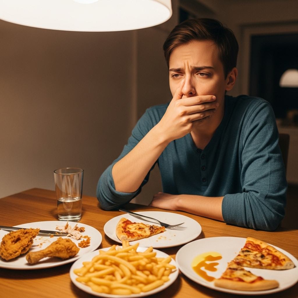 A person looking nauseous, hand near mouth, sitting at a dining table with greasy food visible. Warm indoor lighting, realistic expression of discomfort, showing digestive distress. No text.