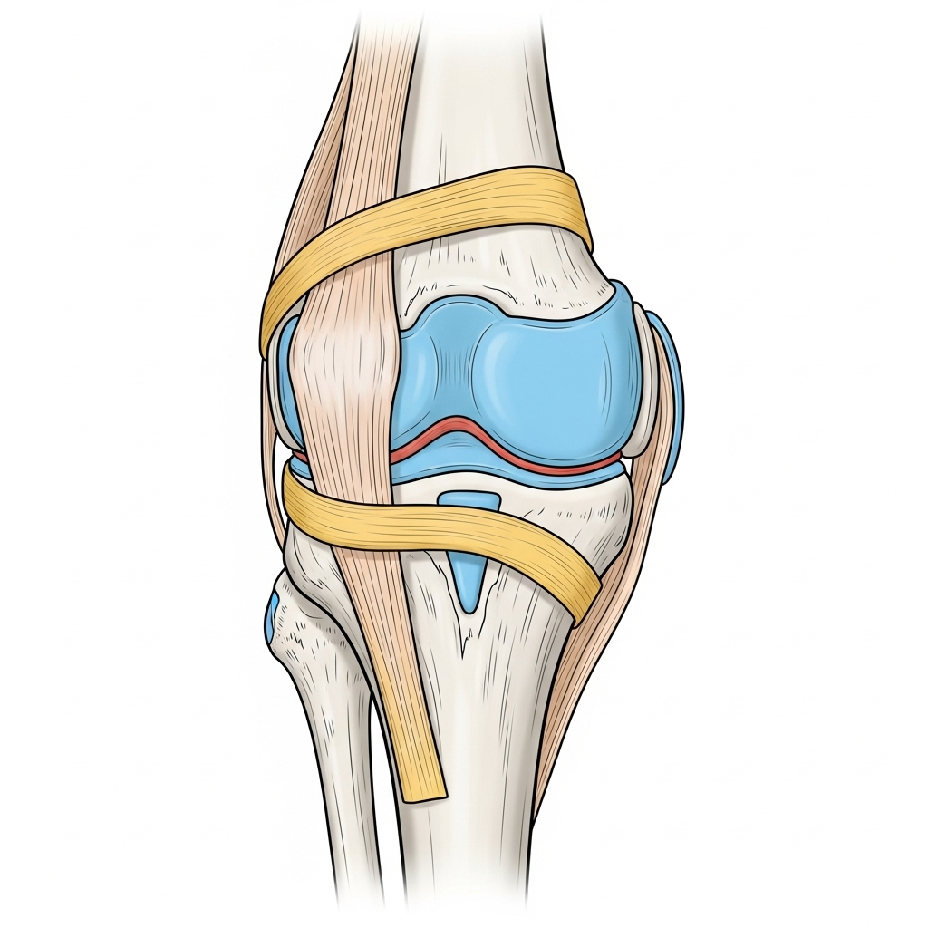 A detailed anatomical infographic showing a human joint (e.g., knee or shoulder), clearly labeling the bone, cartilage, and ligaments. Clean lines, informative style, no text.