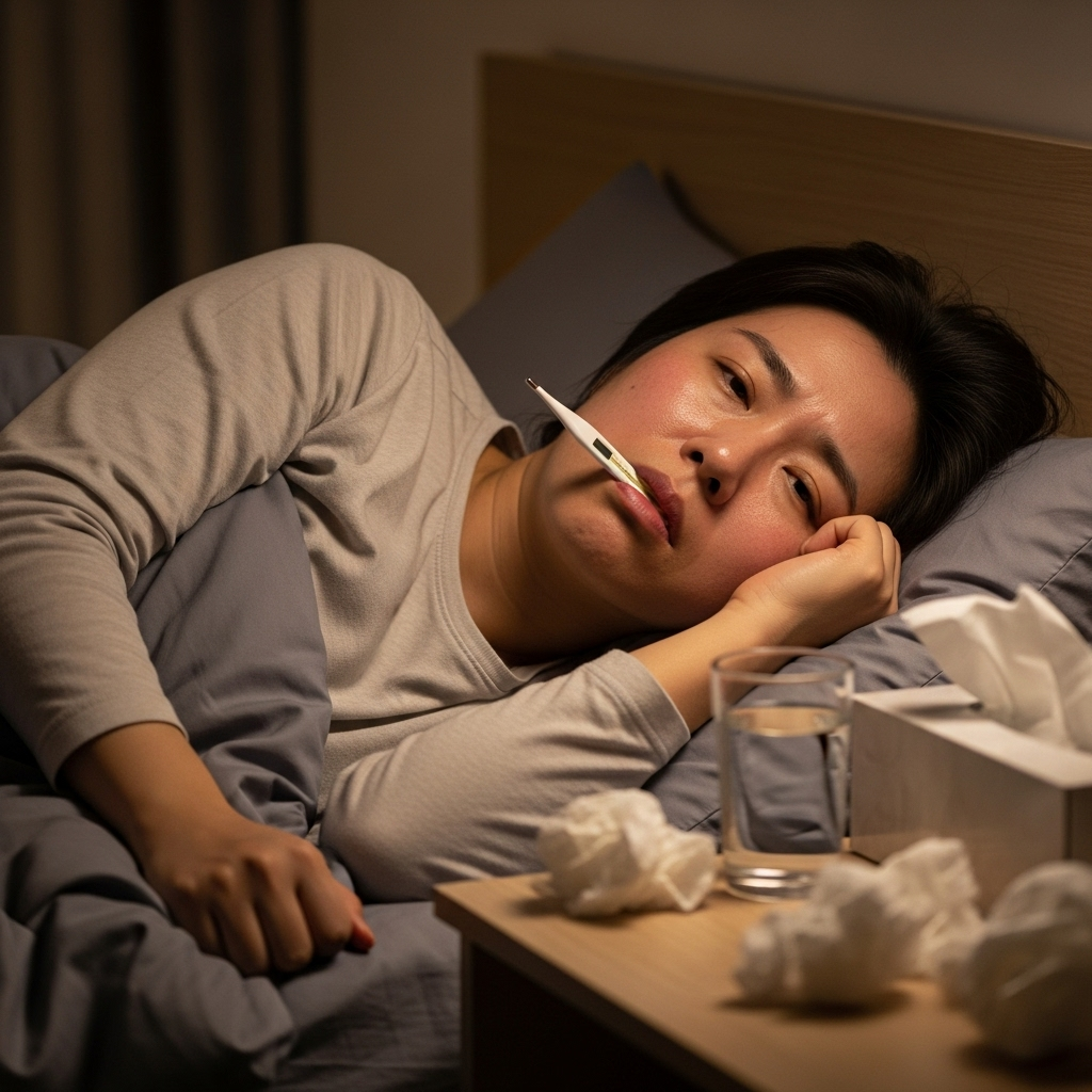 A Korean person lying in bed looking exhausted and feverish, with a thermometer visible. Warm, dimly lit bedroom setting, showing signs of illness and fatigue. Realistic medical context. No text.