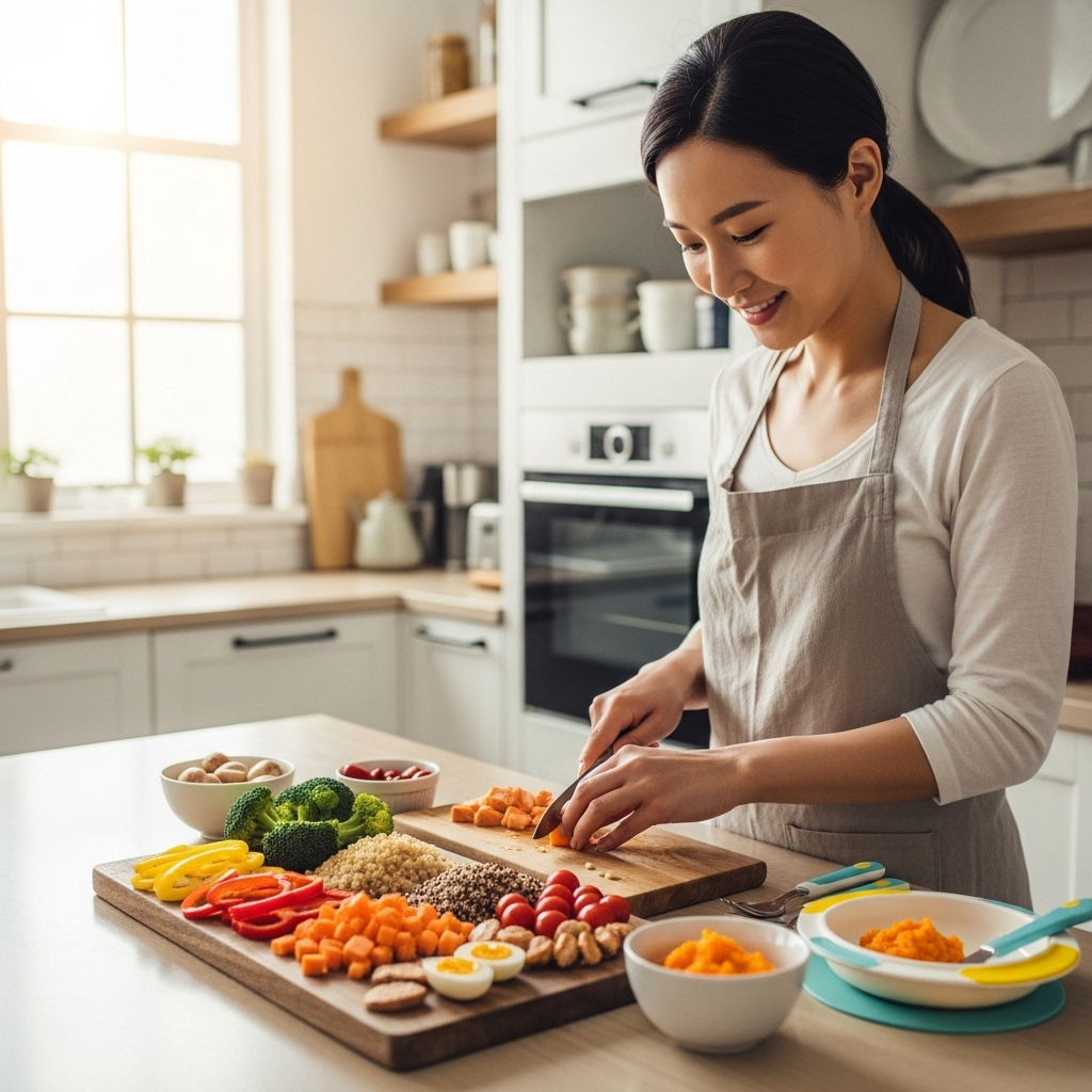 A warm, nurturing scene of a Korean mother preparing healthy toddler meals in a bright kitchen, with colorful fresh vegetables, proteins, and grains arranged on a wooden cutting board. Natural sunlight streaming through the window, clean and organized kitchen space. Lifestyle photography style, no text.
