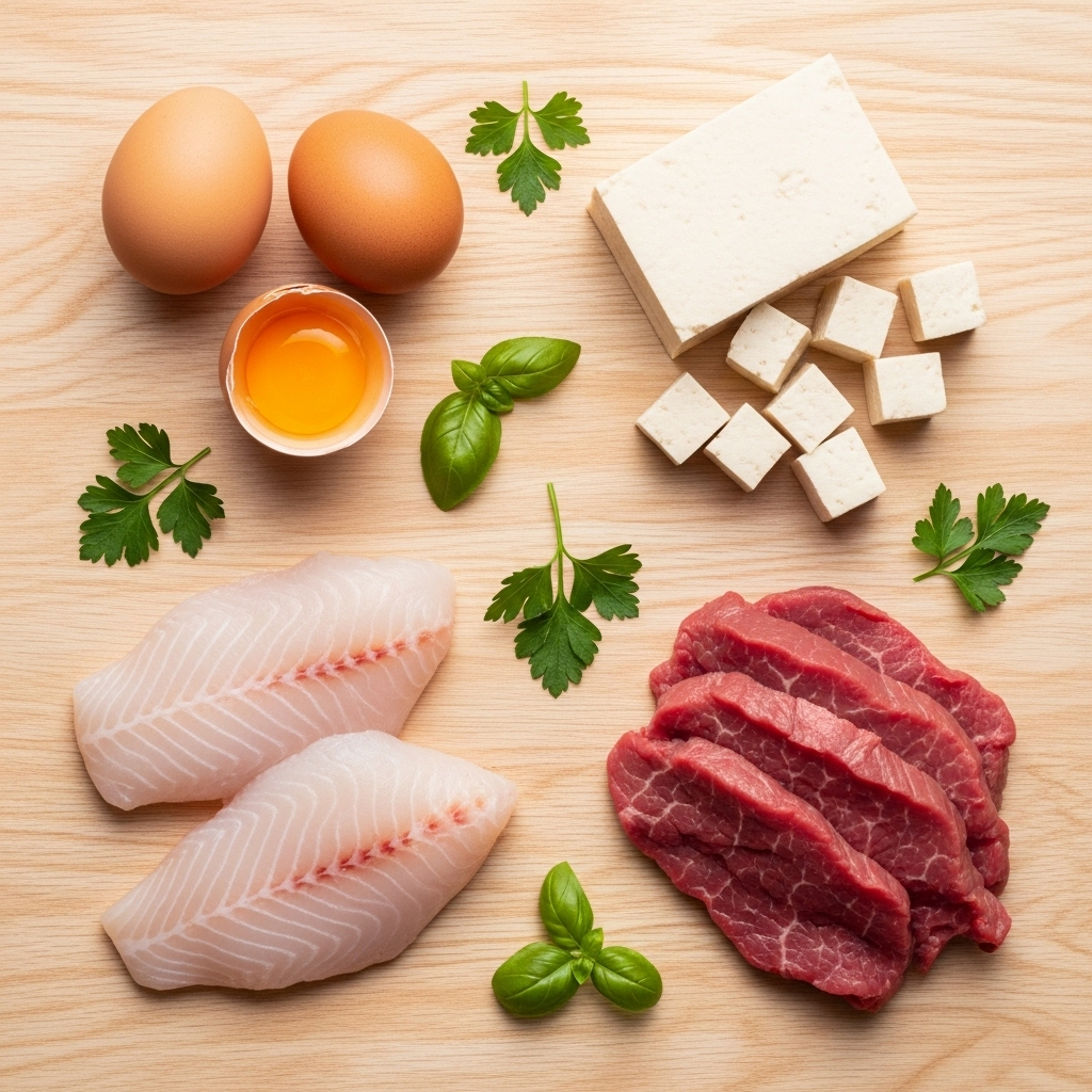 Flat lay composition of various protein-rich toddler food ingredients including eggs, tofu, white fish fillets, lean beef, arranged on a light wooden surface with fresh herbs. Clean, bright infographic style with natural colors and textures, no text.