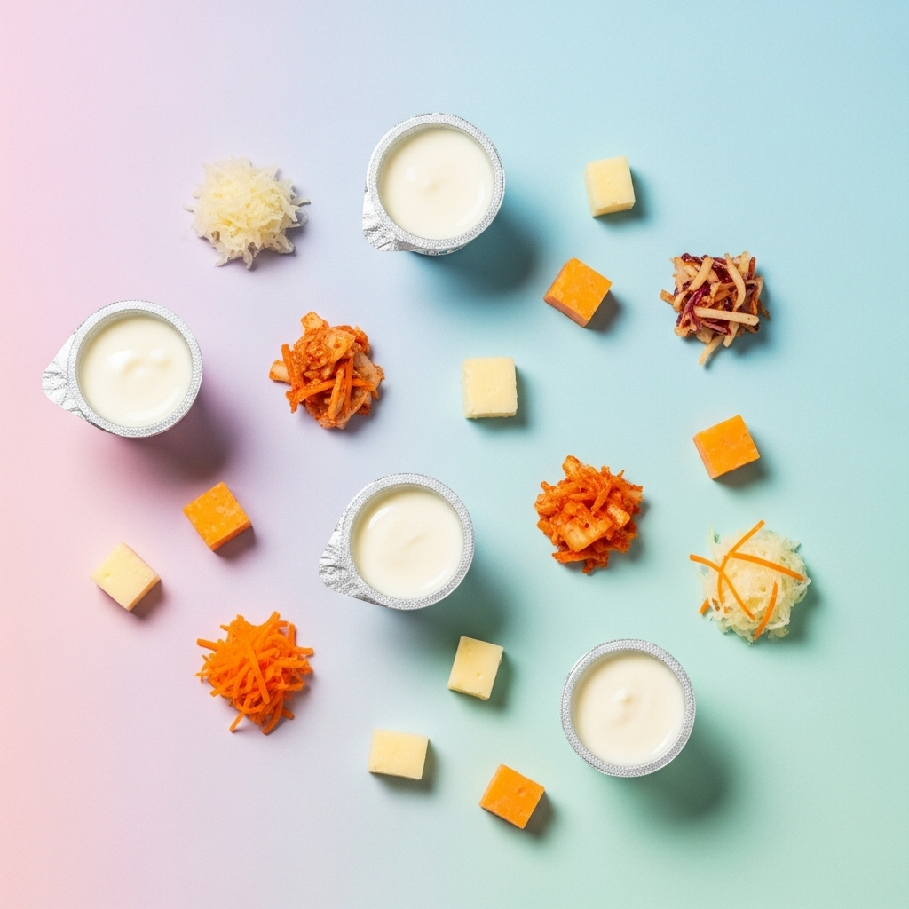Styled overhead shot of probiotic-rich toddler foods including plain yogurt cups, small cheese pieces, and fermented vegetables on a soft pastel background. Bright, clean, and appetizing lifestyle photography, no text.