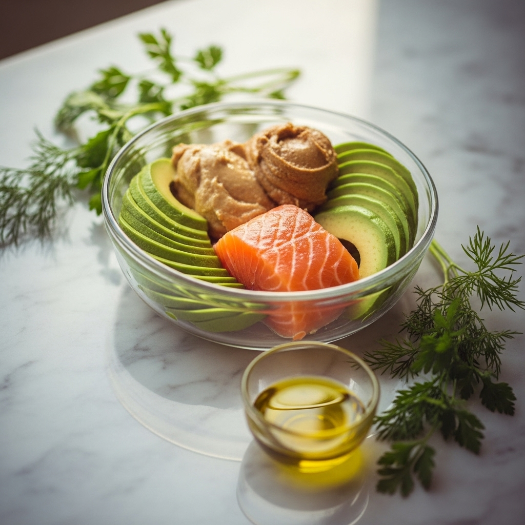Artistic arrangement of omega-rich foods for toddlers including salmon fillet, avocado slices, almond butter, and olive oil in a glass bowl, arranged on a marble surface with fresh herbs. Warm, inviting lifestyle photography with natural lighting, no text.