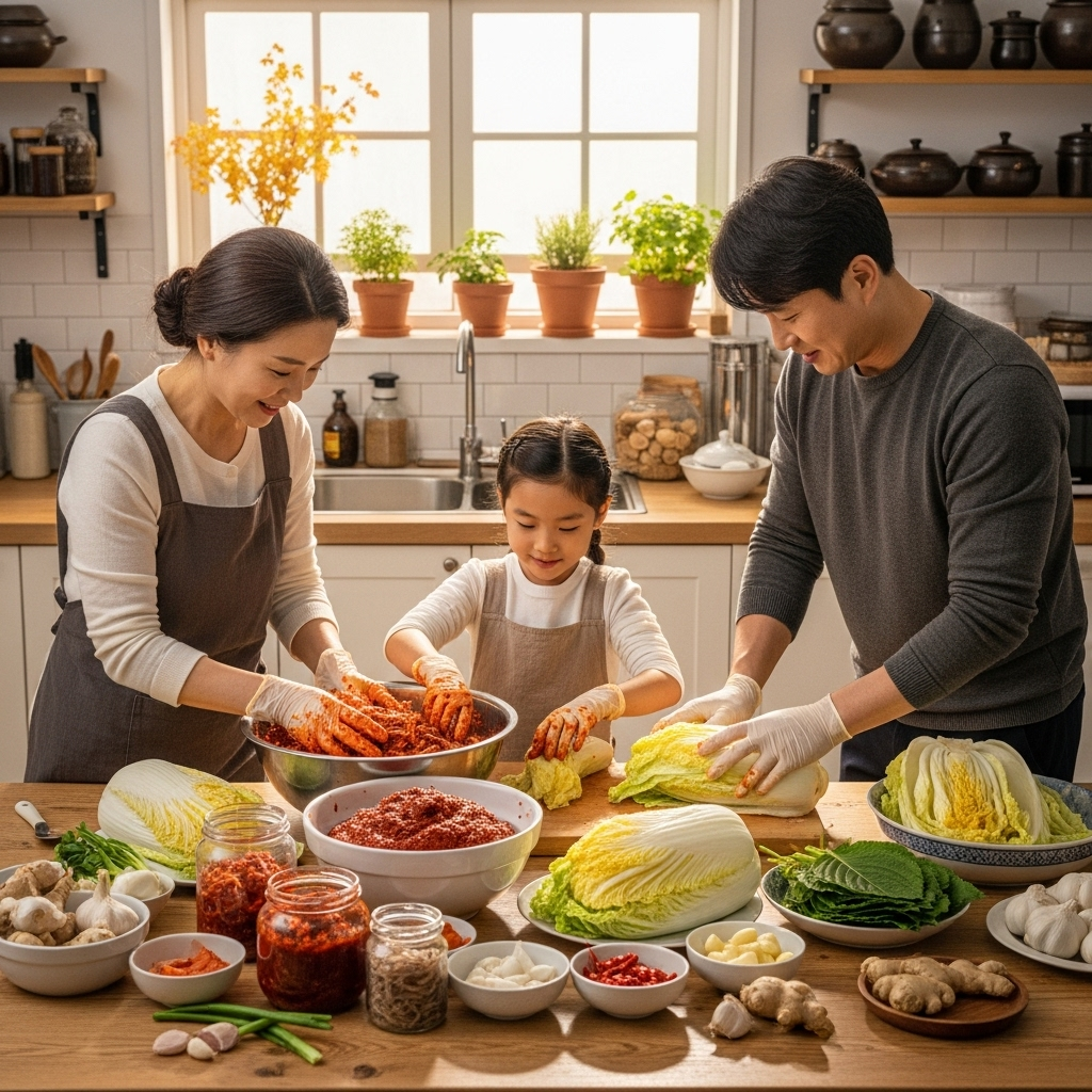 A Korean family preparing kimchi in a bright kitchen during autumn, with napa cabbage, red chili flakes, and traditional ingredients laid out on a wooden table. Warm natural lighting, cozy atmosphere, showing preparation stages. No text.