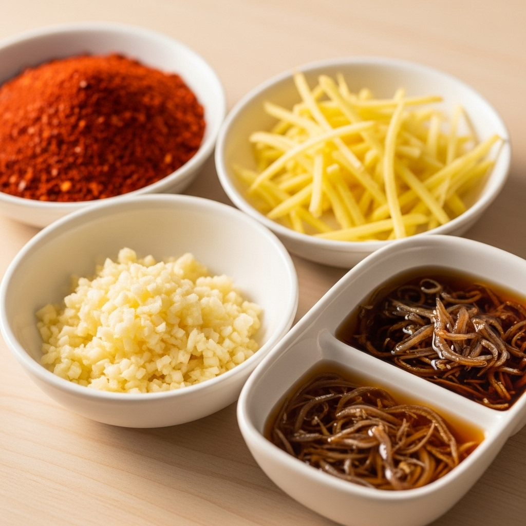 Close-up of traditional Korean kimchi seasoning ingredients including red chili flakes, minced garlic, ginger, and fermented fish sauces in small bowls arranged on a clean kitchen counter. Warm lighting, vibrant colors, no text.