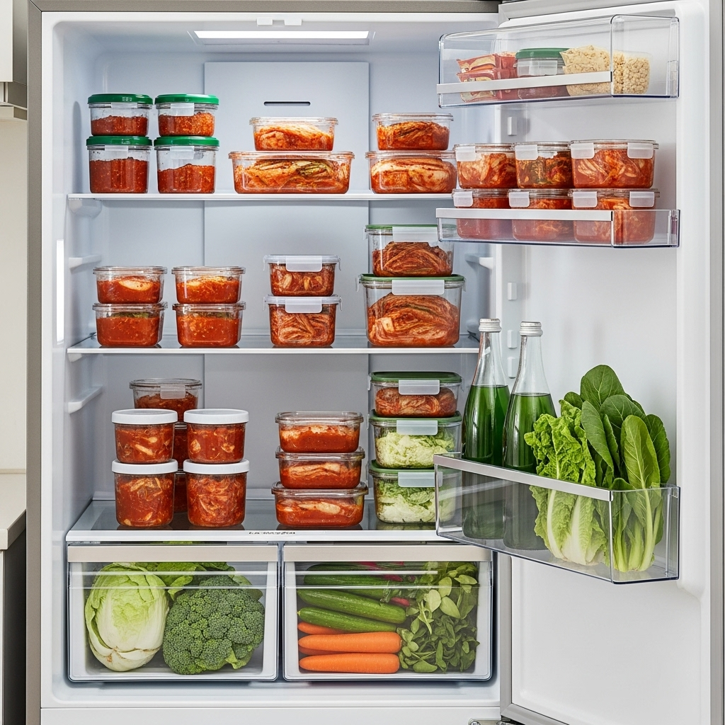 Organized kimchi containers neatly arranged in a refrigerator with fresh vegetables visible, showing proper storage methods. Clean, bright interior lighting, realistic kitchen appliance setting, no text.