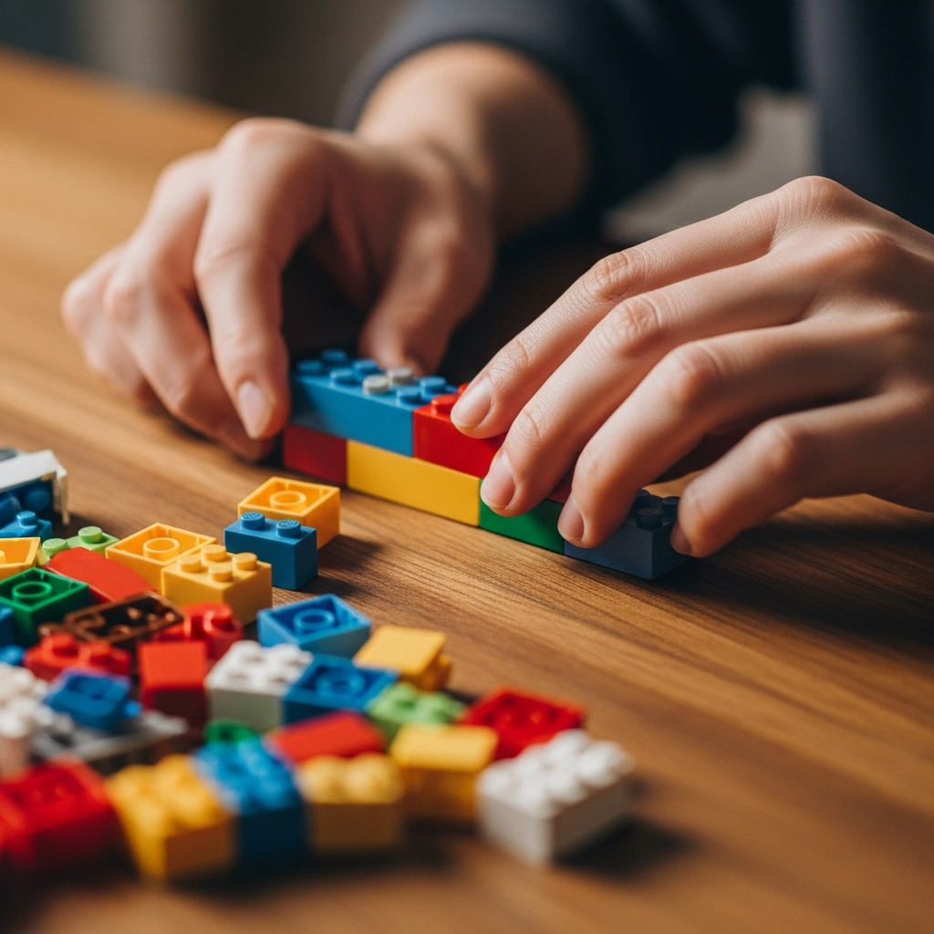Close-up lifestyle photography of hands assembling colorful LEGO bricks on a wooden table, showing different colored blocks being connected together. Warm natural lighting, focus on the texture and detail of the building blocks, no text, realistic style.