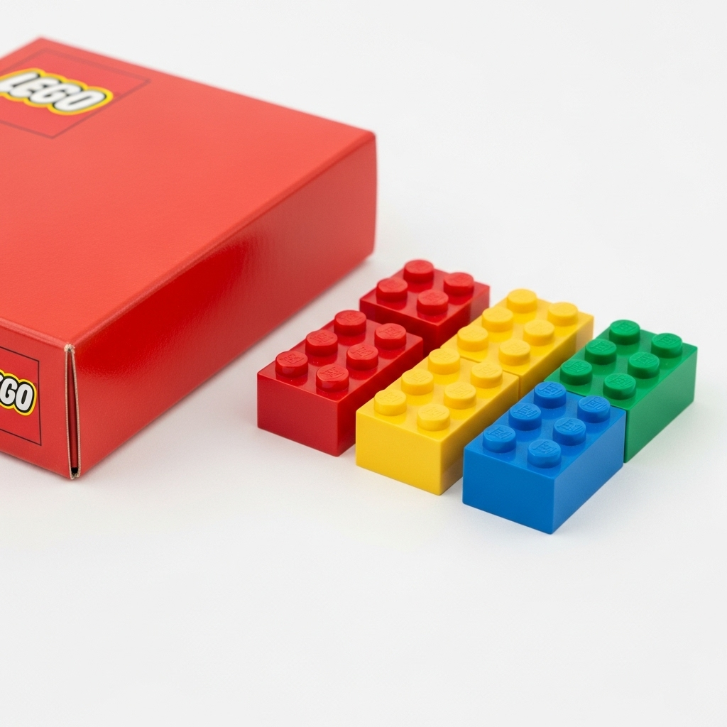 Product photography of authentic LEGO packaging and individual bricks displayed on a clean white surface. Show the precise edges, uniform colors, and quality details of genuine LEGO blocks under professional lighting, no text.