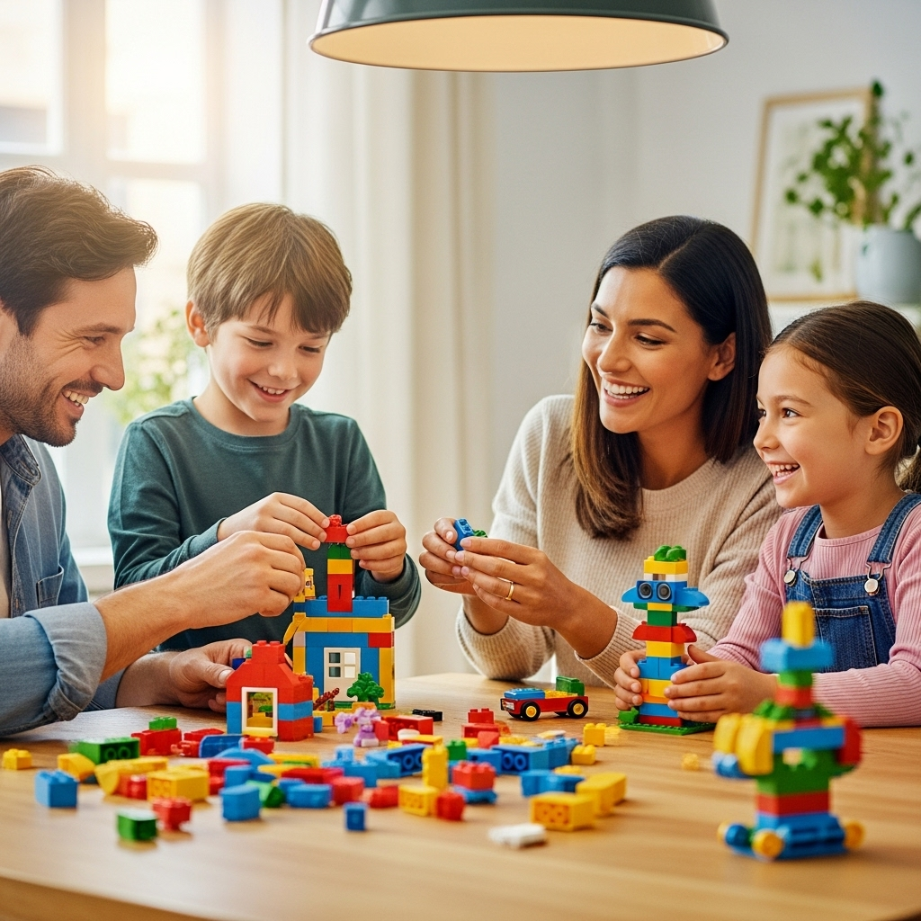 Lifestyle photography of a family assembling LEGO blocks together at a table, showing parents and children smiling while building. Warm indoor lighting, colorful bricks scattered around, focus on the joy and engagement, no text.