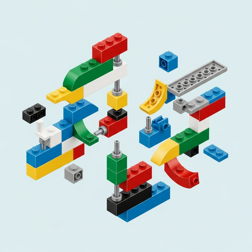 Infographic-style illustration showing multiple colored LEGO sets being combined and assembled together seamlessly. Display different brick types, colors, and sizes connecting perfectly. Clean background, professional lighting, educational style, no text.