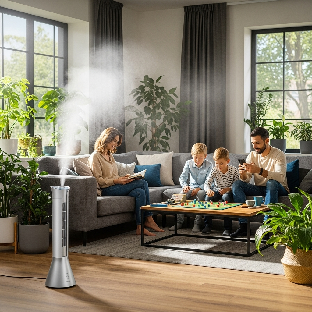 A modern living room with a sleek tower humidifier running, visible mist gently dispersing into the air, family members looking comfortable and relaxed, natural daylight from windows, warm and inviting atmosphere, no text