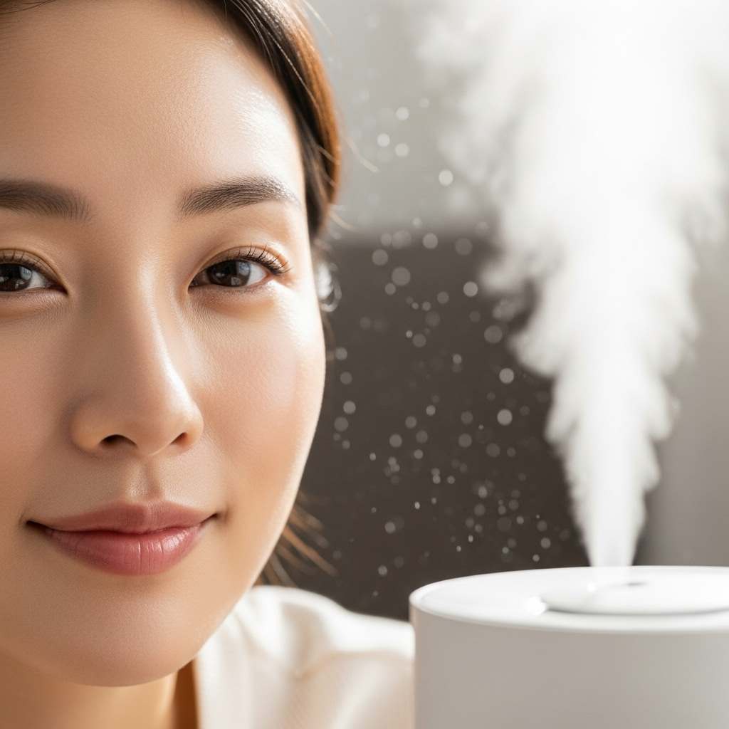 Close-up of a woman's face showing healthy, hydrated skin with natural glow, sitting near a humidifier with visible mist, soft natural lighting, serene expression, Korean woman, no text
