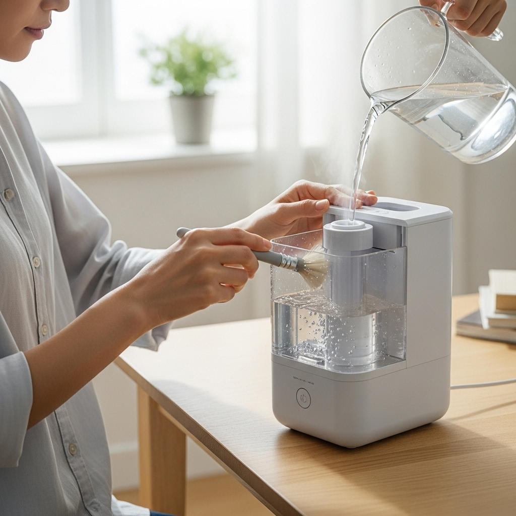 A person cleaning a humidifier tank with a brush, showing maintenance steps, modern humidifier on a table, clean water being poured, bright natural lighting, organized home environment, Korean person, no text