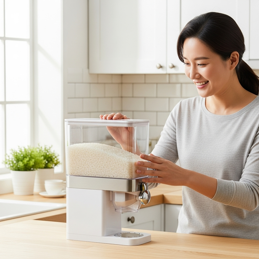 A Korean person in a bright, clean kitchen, happily inspecting fresh rice stored in a stylish rice dispenser. The focus is on freshness and good storage. Lifestyle photography, natural lighting, no text.