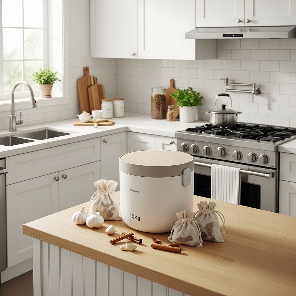 A modern Korean kitchen with a stylish 쌀통10kg. Around the rice container, there are small pouches of cinnamon sticks and a few cloves of garlic, indicating natural pest repellent methods. Clean, bright lifestyle photography, no text.