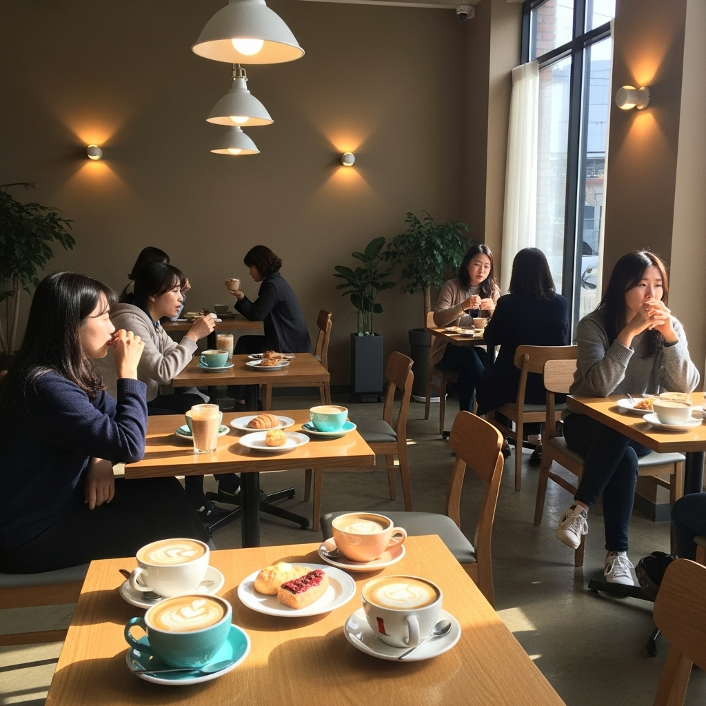 A cozy modern cafe interior with minimalist design, warm lighting, and artfully arranged coffee cups on wooden tables. Korean customers enjoying beverages in a contemporary space. Natural window light, soft ambiance, no text.