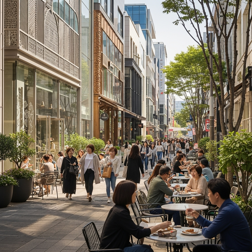 A bustling cafe street in Bundang district with people walking between trendy storefronts, modern architecture, and outdoor seating areas. Daytime natural lighting, vibrant atmosphere, Korean urban setting, no text.