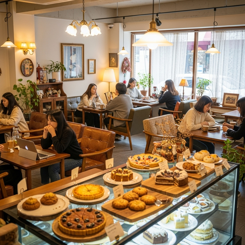 A cozy vintage-inspired cafe with warm wooden furniture, soft lighting from pendant lamps, handmade pastries on display, and comfortable seating areas. Korean customers enjoying coffee in a homey atmosphere, no text.