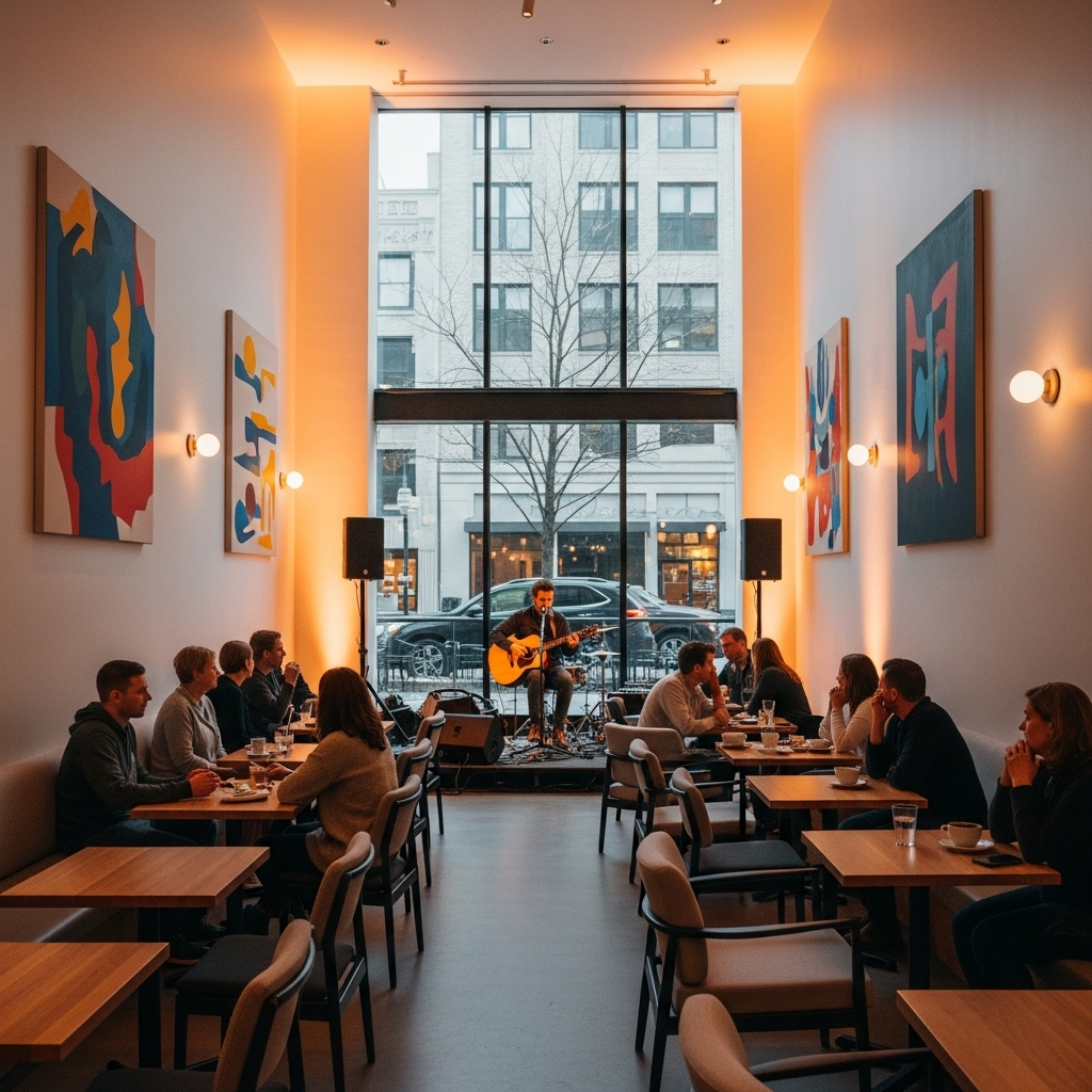 A modern minimalist cafe with high ceilings, large windows, and a local musician performing live. Contemporary art on walls, customers enjoying drinks and music, warm stage lighting, no text.