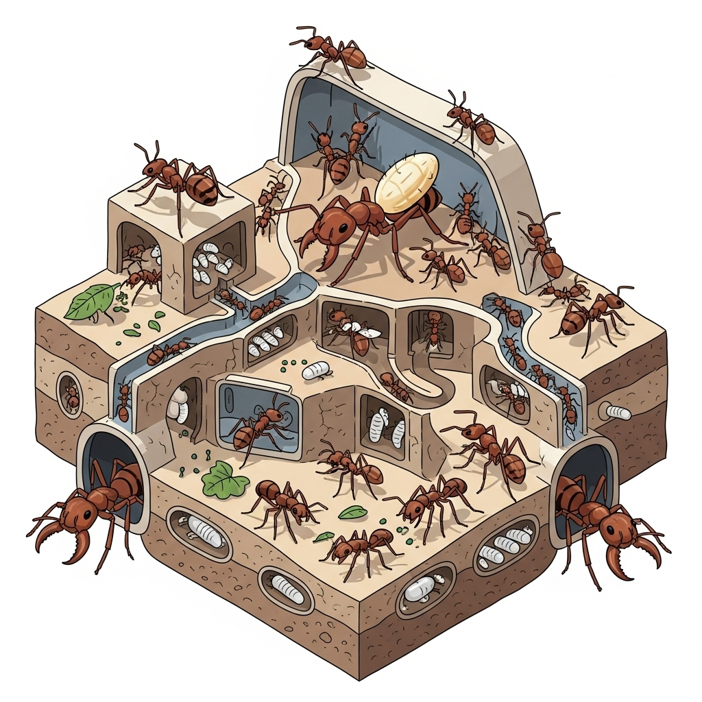 An intricate infographic showing different types of ants (queen, worker, soldier) within a complex ant colony structure, illustrating their social organization and daily activities. Clean, detailed, no text, clean infographic style, isometric view.