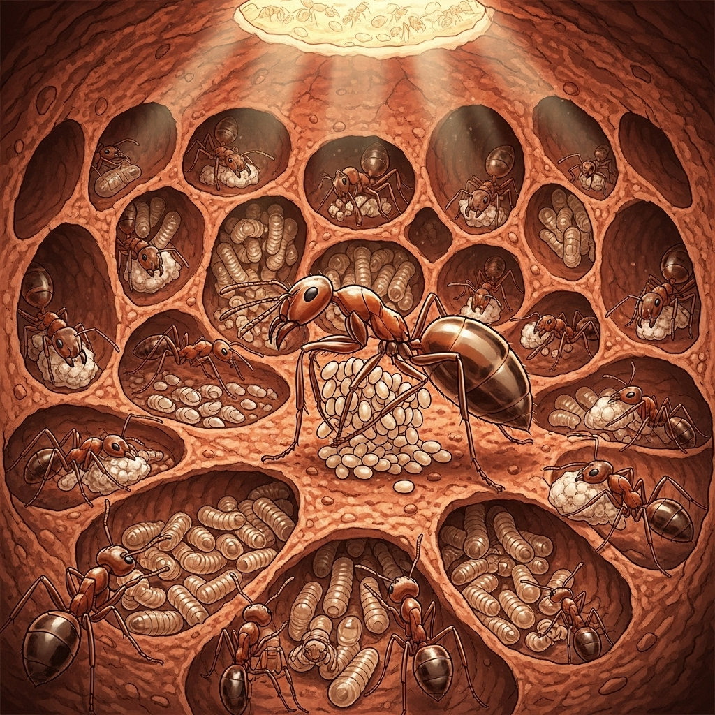 An illustration of a queen ant laying eggs surrounded by worker ants tending to larvae in an organized chamber of an ant colony. Emphasize their distinct roles and cooperation, natural lighting, illustration style, no text, warm tones.