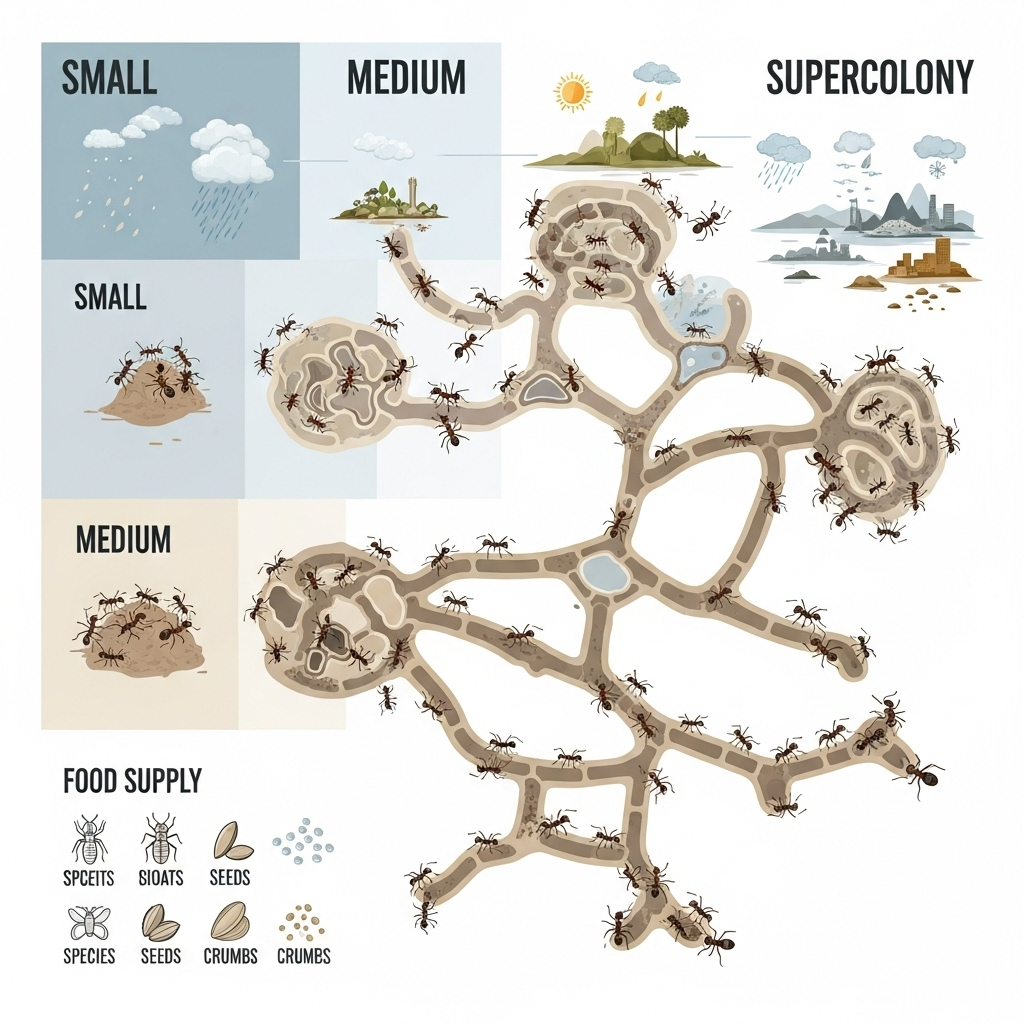 An infographic illustrating different ant colony sizes (small, medium, supercolony) and types, and the key factors influencing them (environment, food supply, species characteristics). Clean, detailed, no text, clean infographic style.