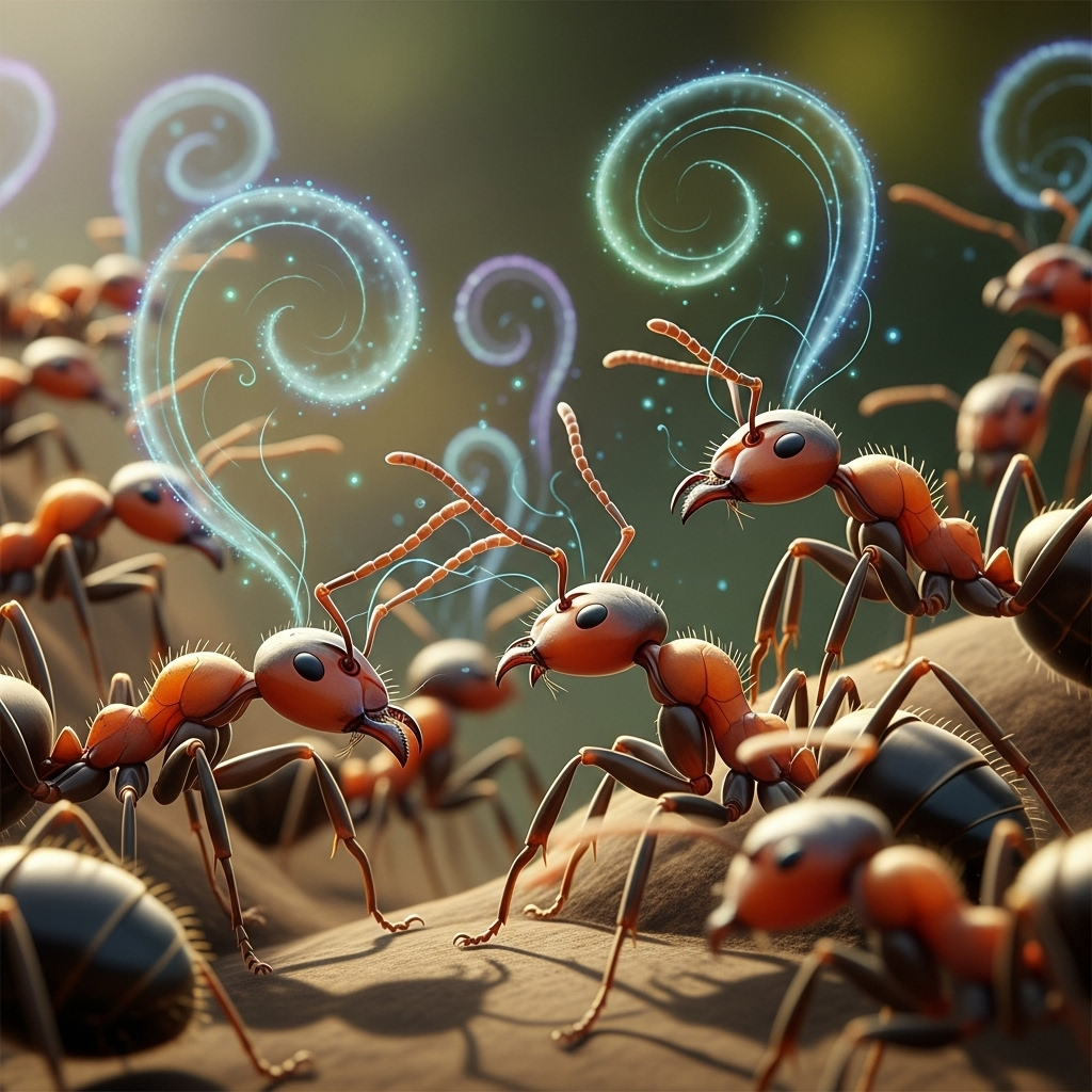A close-up, dynamic illustration of ants communicating via pheromones, showing subtle chemical trails or invisible scent signals emanating from their antennae and bodies. Emphasize the concept of chemical communication and cooperation, illustration style, natural lighting, no text.