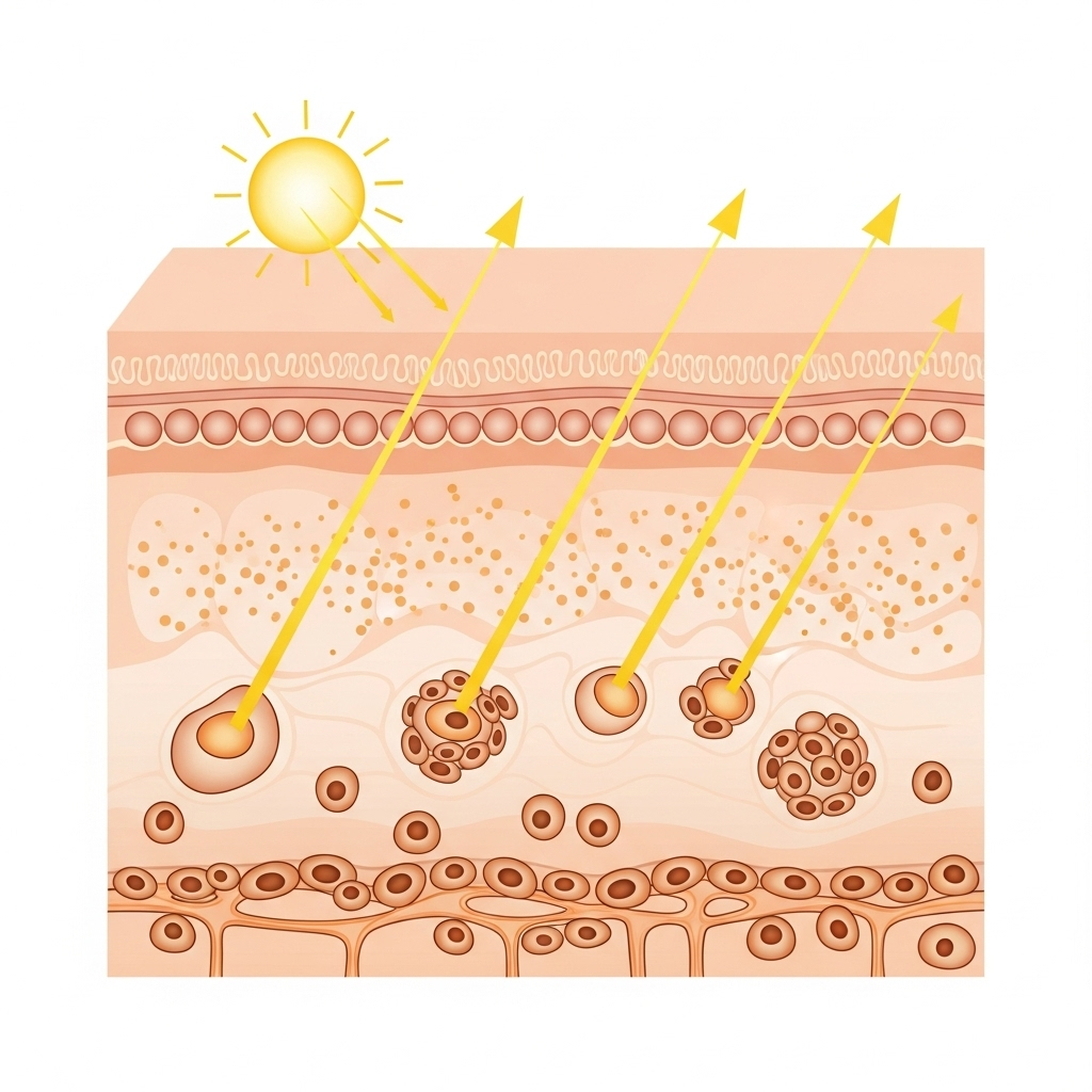 A clean infographic illustrating the formation of freckles on the skin, showing melanin cells reacting to sunlight. Emphasize light skin tones, no text, Korean characters.