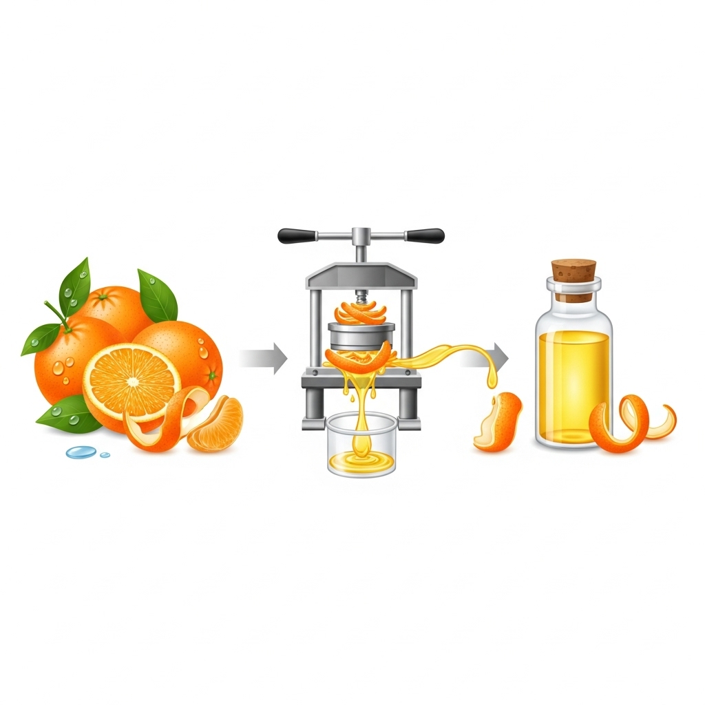 A vibrant and clean infographic showing the process of extracting essential oil from orange peels, highlighting the fresh, natural essence. Include images of fresh oranges, a press, and a small bottle of golden essential oil. Style: infographic, no text.
