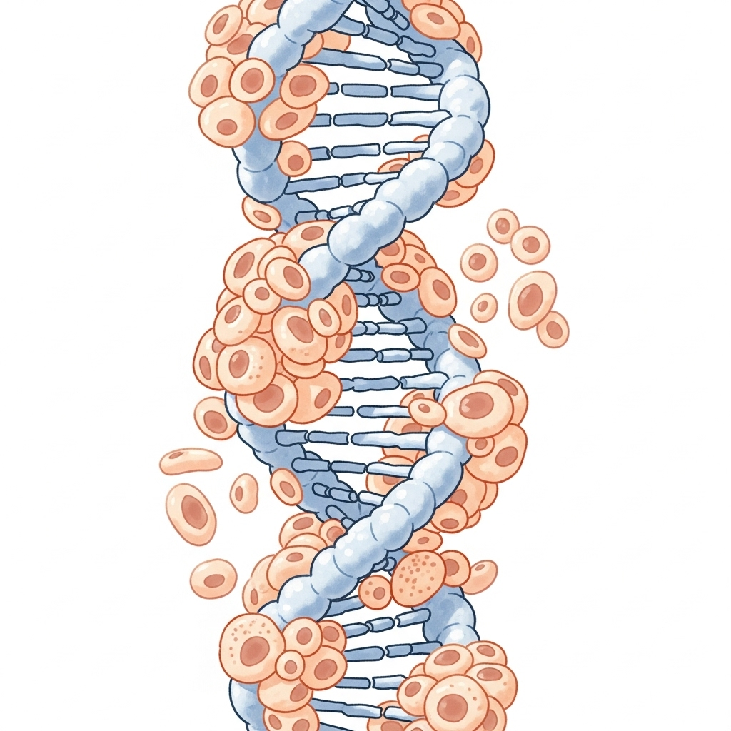 A stylized illustration depicting a DNA helix intertwined with skin cells, highlighting the genetic factor (MC1R gene) in freckle formation. Show light skin, no text, Korean style.