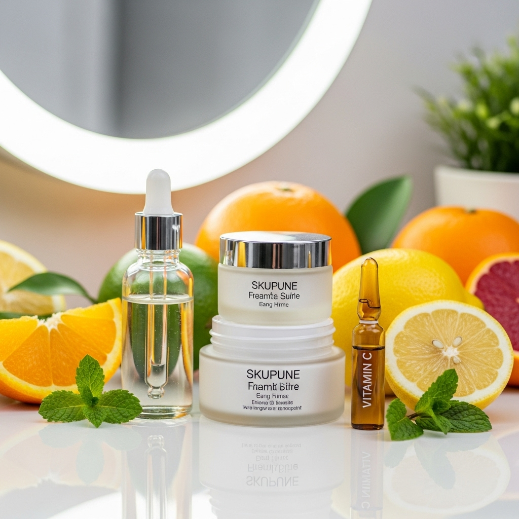 A bright, clean lifestyle image featuring various skincare products like serum, cream, and a vitamin C ampoule on a vanity, surrounded by fresh fruits, symbolizing healthy skin. Focus on natural ingredients, no text.