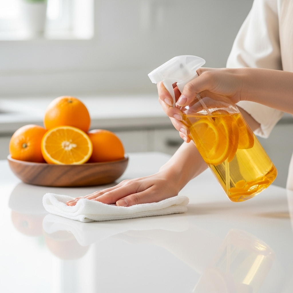 A Korean hand holding a spray bottle containing homemade orange peel cleaner, wiping down a kitchen counter. The counter is clean and shiny, with fresh oranges in the background. Style: lifestyle photography, clear focus, no text.