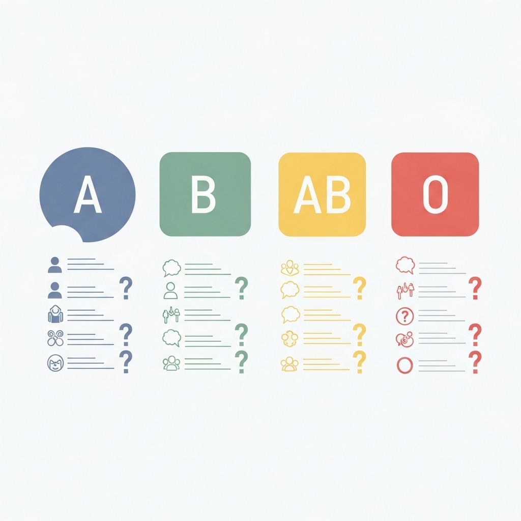 A clean infographic showing four blood type categories (A, B, AB, O) with personality trait labels and question marks, illustrating the myth of blood type personality. Modern, minimalist design with soft colors and no text.