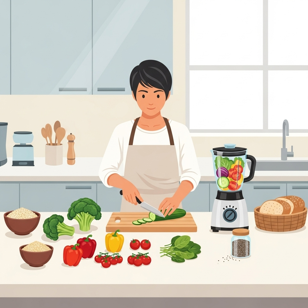 A clean infographic-style image showing a person preparing healthy foods on a kitchen counter. Include fresh vegetables, whole grains, and natural ingredients arranged neatly. Bright, natural lighting with a modern kitchen background. Focus on wellness and healthy eating habits. No text.