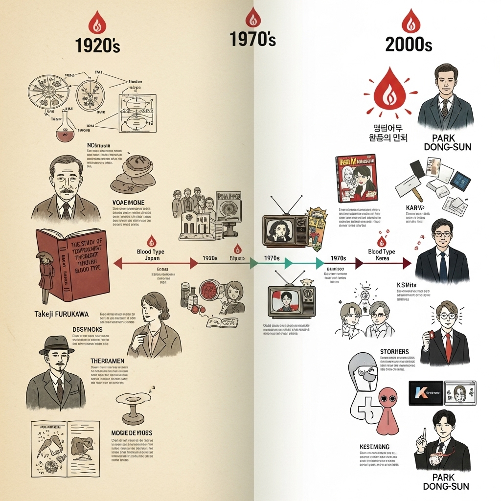 Timeline illustration showing the evolution of blood type personality theory from 1920s Japan to 2000s Korea. Include historical figures, books, and media representations. Vintage to modern aesthetic transition. No text.