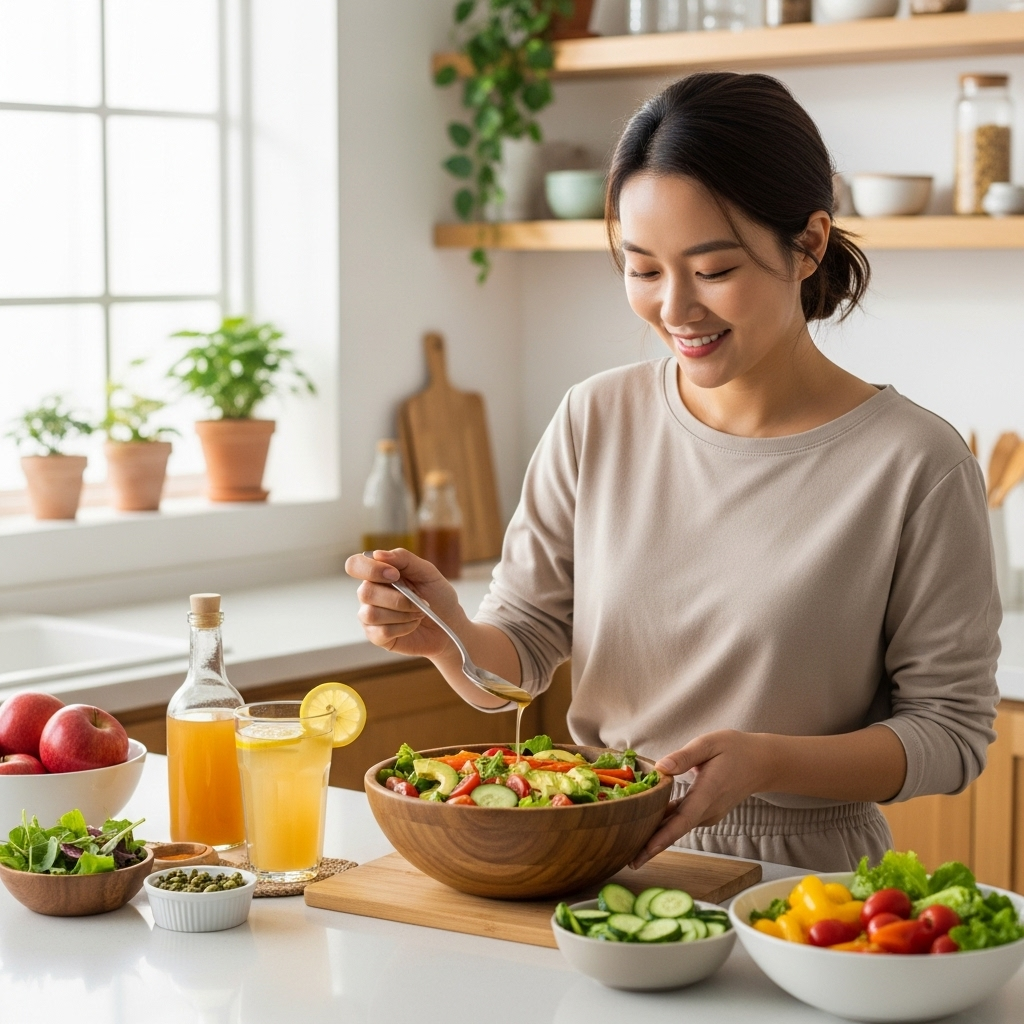 Lifestyle photography of a Korean woman in a bright kitchen preparing a salad with apple cider vinegar dressing. Show fresh vegetables, a glass of diluted vinegar drink, and natural morning light streaming through windows. Warm, inviting atmosphere. No text.