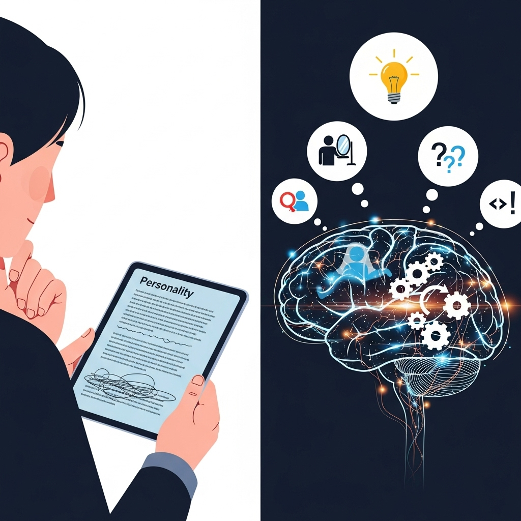 Split-screen illustration showing a person reading a vague personality description on one side, and their brain processing it as personally relevant on the other. Thought bubbles, light bulbs, and psychological symbols. Modern, clean style. No text.