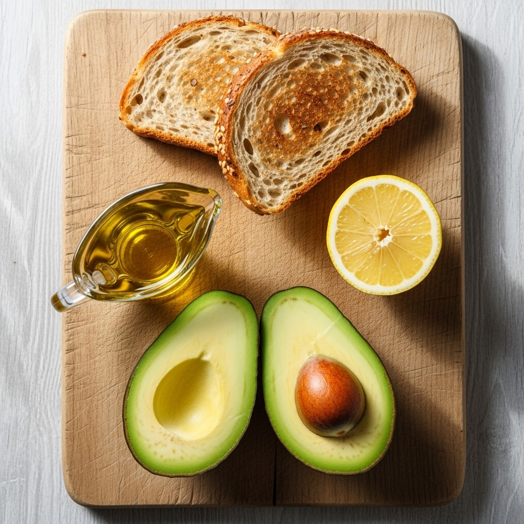 Flat lay photography of fresh avocados, sliced in half with pit visible, arranged on a wooden cutting board with olive oil, lemon, and whole grain bread. Bright natural lighting from above. Clean, minimalist aesthetic. No text.