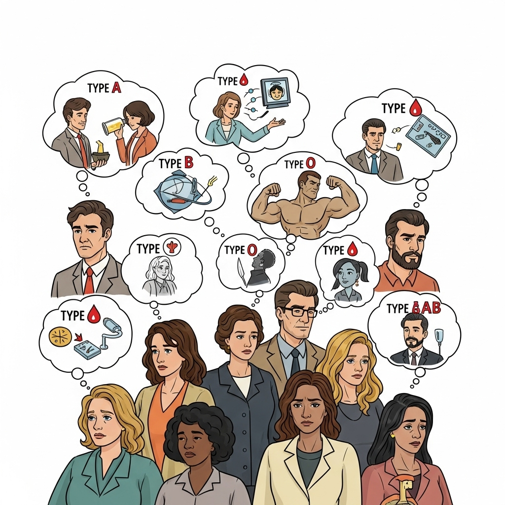 Diverse group of people with thought bubbles showing stereotypes and prejudices based on blood type. Show rejection, judgment, and misunderstanding. Emotional, realistic illustration. No text.