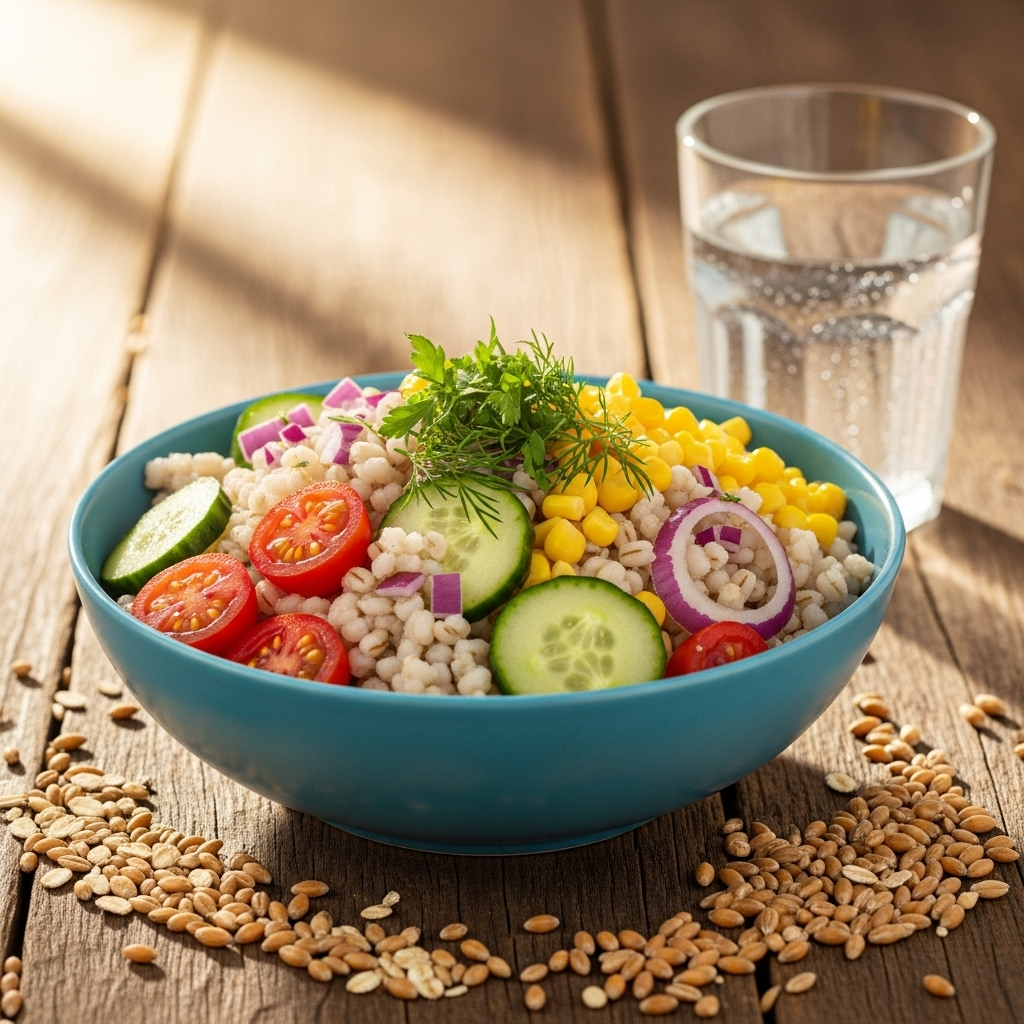 A bowl of cooked barley with fresh vegetables and herbs, placed on a rustic wooden table with natural grains scattered around. Warm sunlight illuminating the scene. Include a glass of water nearby. Clean, healthy meal aesthetic. No text.