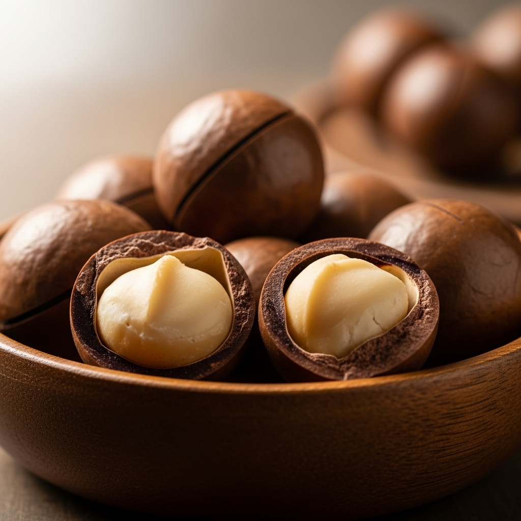 Close-up lifestyle photography of premium macadamia nuts in a wooden bowl, showing their creamy texture and natural golden color. Soft natural lighting, shallow depth of field, minimalist background. No text.