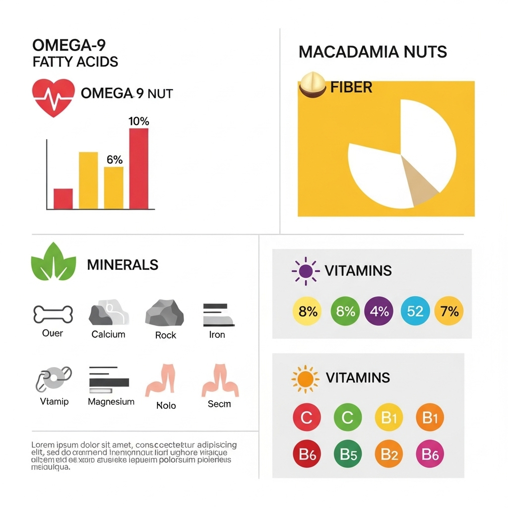 Clean infographic showing nutritional content of macadamia nuts, including omega-9 fatty acids, fiber, minerals, and vitamins. Modern design with icons, charts, and colorful elements. No text labels, minimalist style.