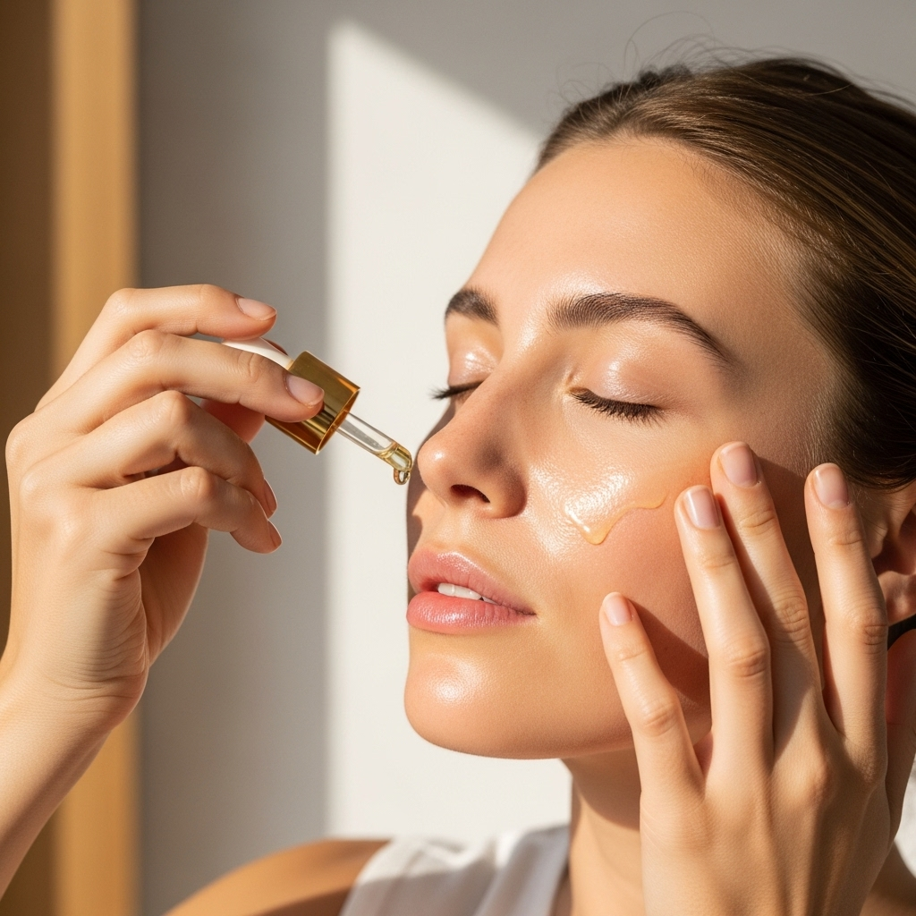 Lifestyle photography of a woman applying macadamia oil to her face, showing glowing skin and natural beauty. Soft warm lighting, spa-like atmosphere, minimal background. No text.