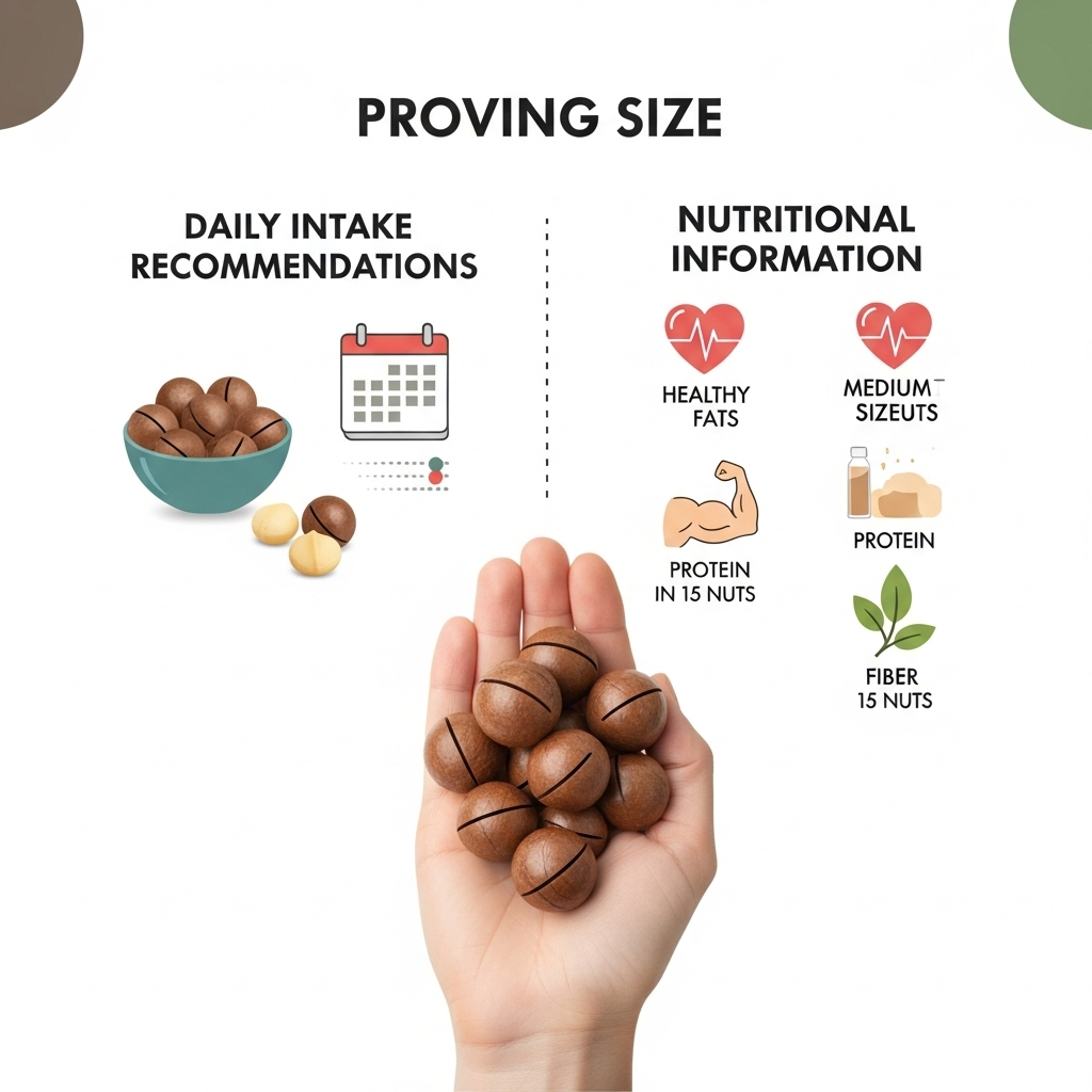 Infographic showing proper macadamia serving size with a hand holding 15 nuts, daily intake recommendations, and nutritional information. Clean, modern design with clear visual hierarchy. No text.