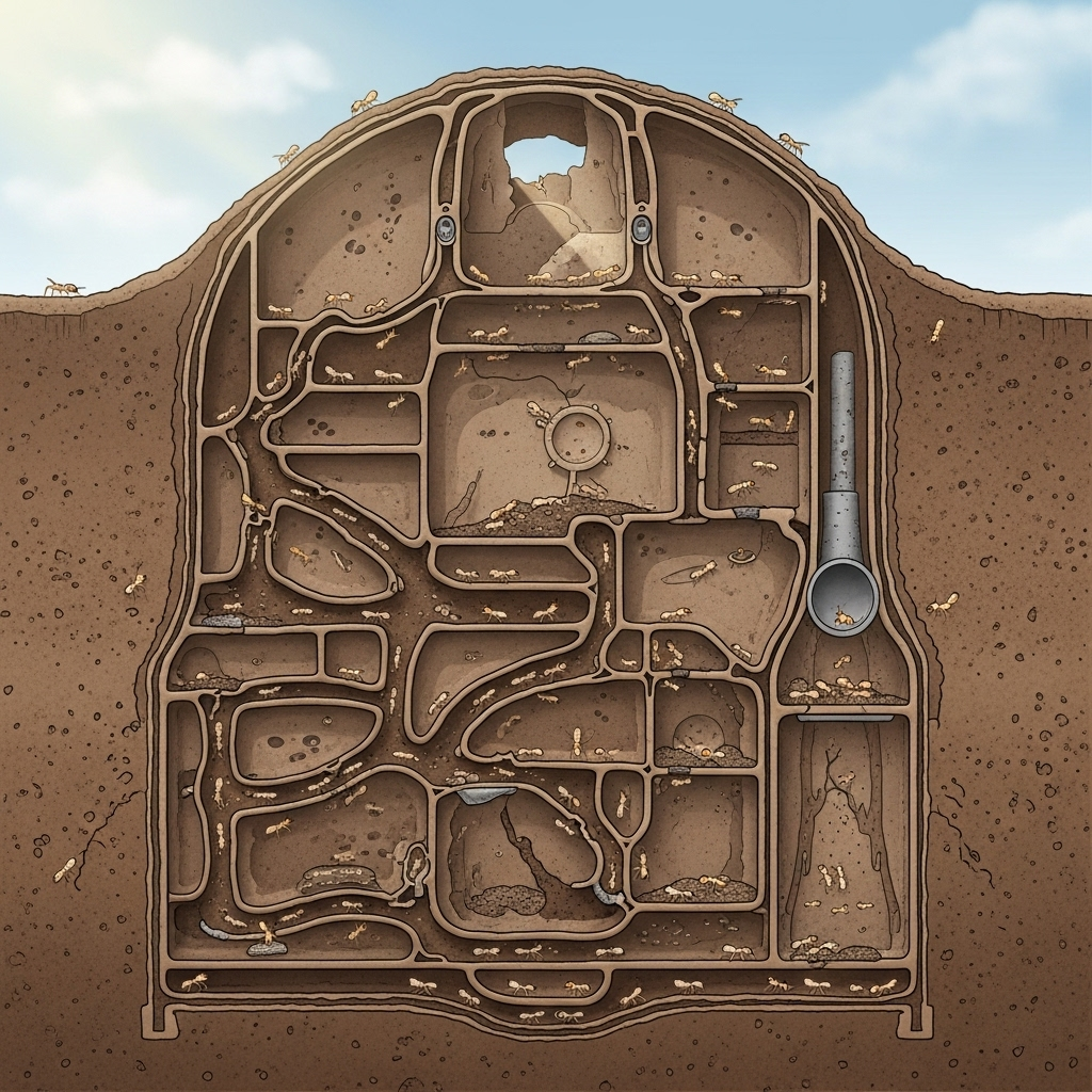 A detailed cross-section illustration of a large termite mound, showing complex internal structures like tunnels, chambers, and ventilation shafts. Small worker termites are visible in various parts, actively working. The illustration should have a clean, infographic style, with natural lighting to highlight depth. No text in image.