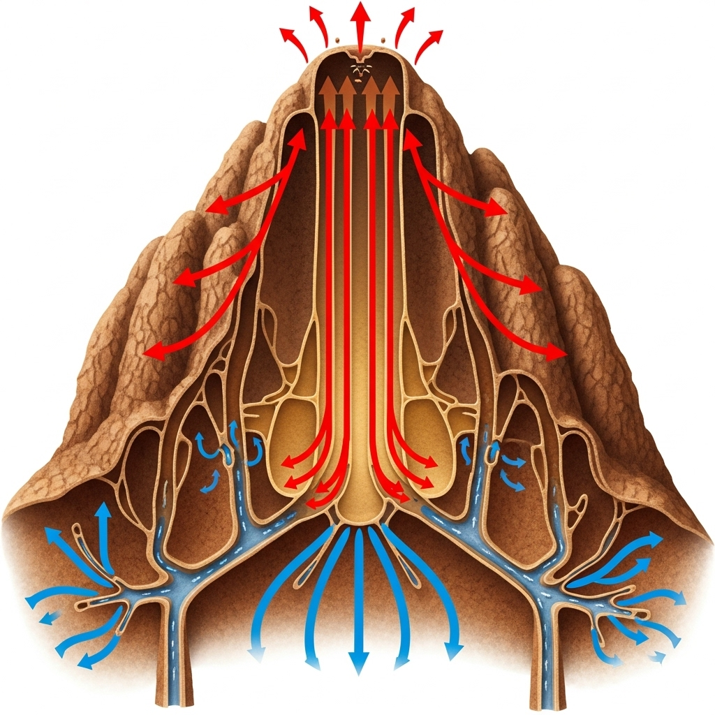 A cutaway illustration of a termite mound demonstrating its natural ventilation and temperature regulation system. Show warm, stale air rising through central shafts and exiting through small vents at the top. Simultaneously, cooler, fresh air is drawn in through basal tunnels and distributed throughout the mound. Use clear arrows to indicate the direction of airflow. Style: clear, informative scientific illustration. No text in image.