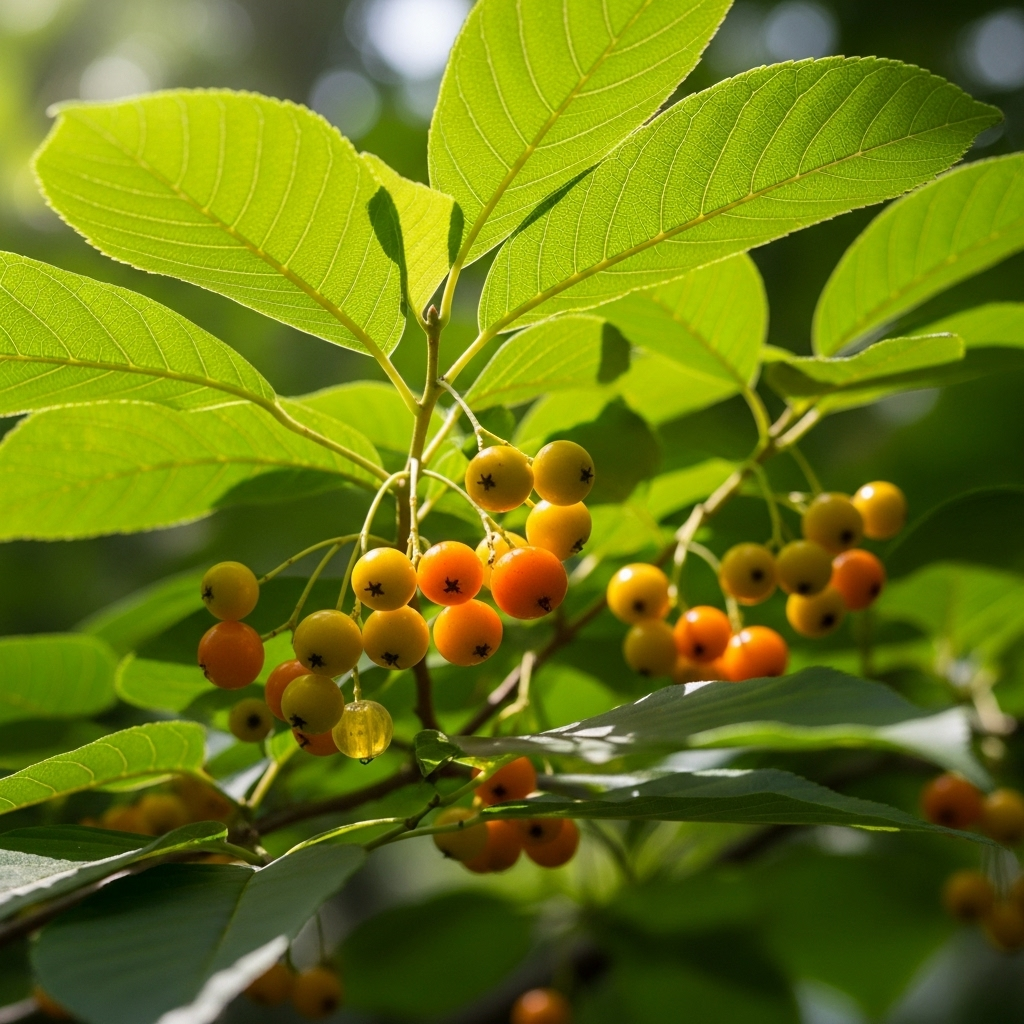 Close-up of fresh hwangchal tree leaves and berries in natural sunlight, showing vibrant green foliage and golden-tinted fruits on branches. Natural forest lighting, detailed texture, lifestyle photography style, no text.