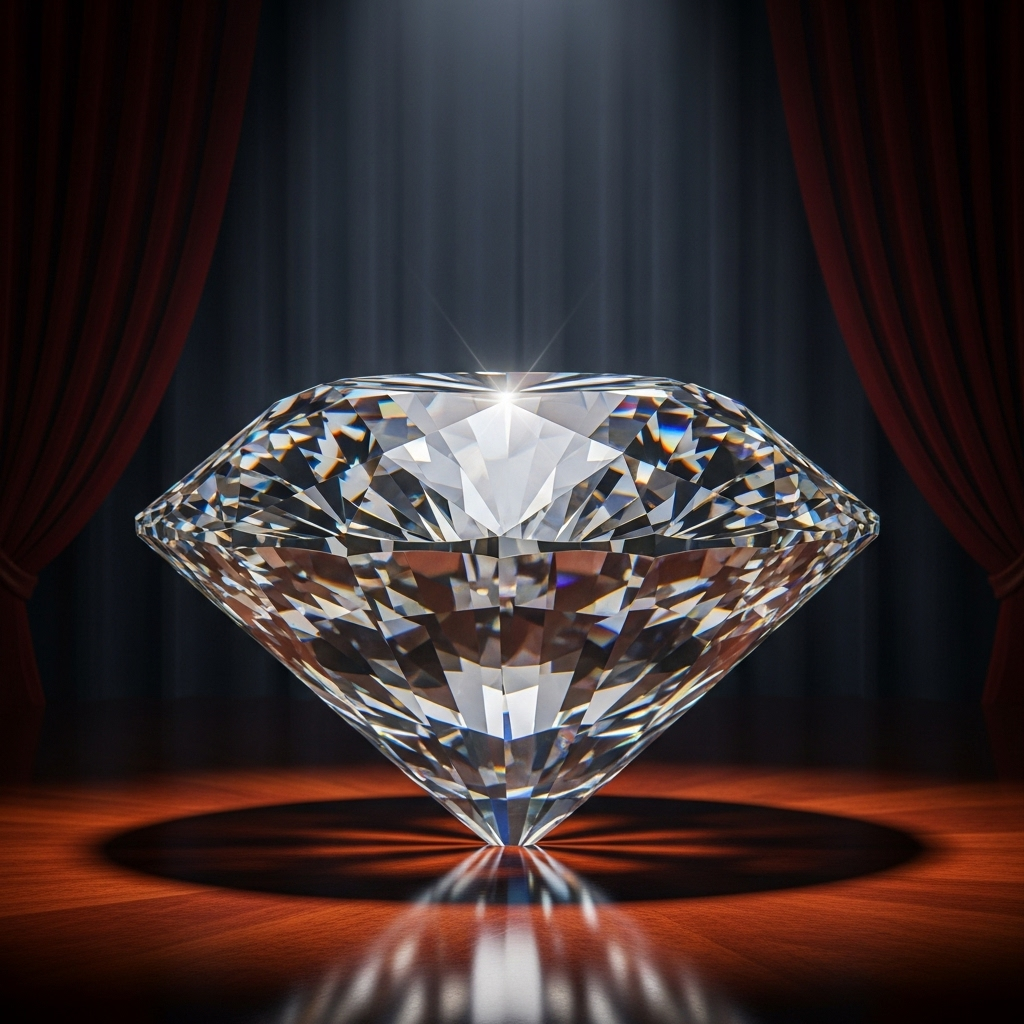 A stunning, photorealistic image of a gigantic diamond sparkling intensely, surrounded by a subtle aura of historical grandeur. The diamond should be the focal point, emphasizing its immense size and clarity. Style: luxurious and captivating lifestyle photography. No text.